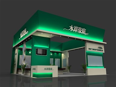 90平米展臺設(shè)計(jì)制作：三面開口/前衛(wèi)/型材結(jié)構(gòu)/綠色，為房產(chǎn)展展商而作（免費(fèi)使用）