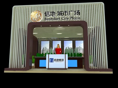49平米展臺設計制作：三面開口/前衛(wèi)/型材結(jié)構(gòu)/紫色，為房產(chǎn)展展商而作（免費使用）