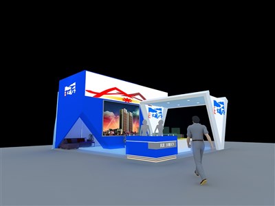 56平米展臺設(shè)計制作：三面開口/前衛(wèi)/型材結(jié)構(gòu)/藍色，為房產(chǎn)展展商而作（免費使用）