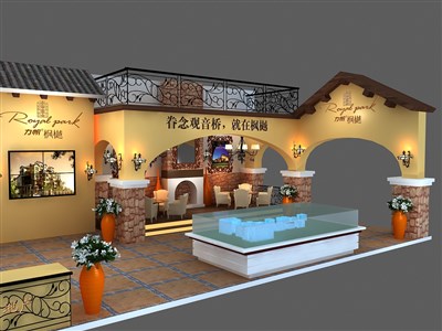 88平米展臺設(shè)計制作：三面開口/田園/木質(zhì)結(jié)構(gòu)/黃色，為房產(chǎn)展展商而作（免費(fèi)使用）