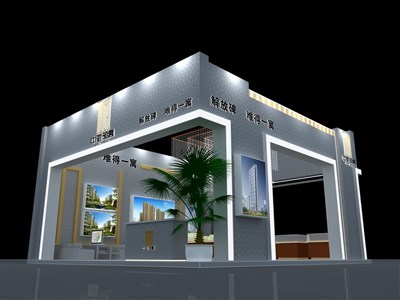 64平米展臺設(shè)計(jì)制作：三面開口/前衛(wèi)/木質(zhì)結(jié)構(gòu)/灰色，為房產(chǎn)展展商而作（免費(fèi)使用）