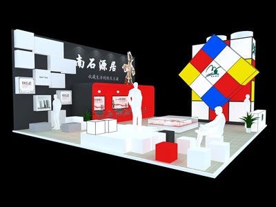 90平米展臺(tái)設(shè)計(jì)制作：三面開(kāi)口/前衛(wèi)/型材結(jié)構(gòu)/彩色，為房產(chǎn)展展商而作（免費(fèi)使用）