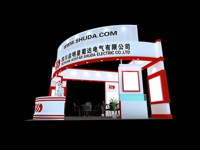 36平米展臺(tái)設(shè)計(jì)制作：三面開口/現(xiàn)代/木質(zhì)結(jié)構(gòu)/紅色，為電子展展商而作（免費(fèi)使用）