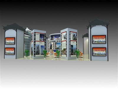 225平米展臺設(shè)計(jì)制作：三面開口/中式/木質(zhì)結(jié)構(gòu)/灰色，為旅游展展商而作（免費(fèi)使用）
