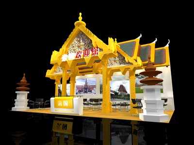 54平米展臺設計制作：三面開口/現代/木質結構/黃色，為旅游展展商而作（免費使用）