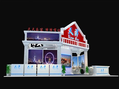 100平米展臺設計制作：三面開口/現代/木質結構/白色，為旅游展展商而作（免費使用）