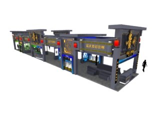 216平米展臺設(shè)計制作：四面開口/中式/木質(zhì)結(jié)構(gòu)/灰色，為旅游展展商而作（免費使用）