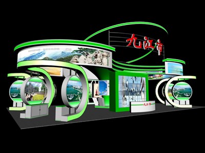 198平米展臺設(shè)計制作：四面開口/前衛(wèi)/型材結(jié)構(gòu)/綠色，為旅游展展商而作（免費使用）
