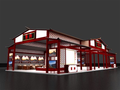 220平米展臺設計制作：三面開口/中式/木質結構/紅色，為旅游展展商而作（免費使用）