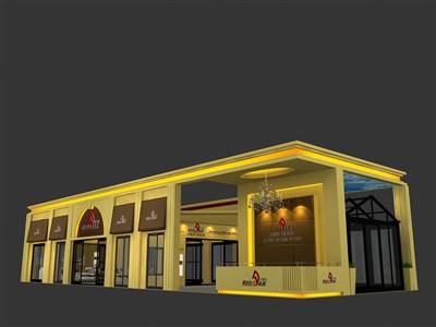 147平米展臺設(shè)計制作：二面開口/現(xiàn)代/木質(zhì)結(jié)構(gòu)/黃色，為建材展展商而作（免費使用）