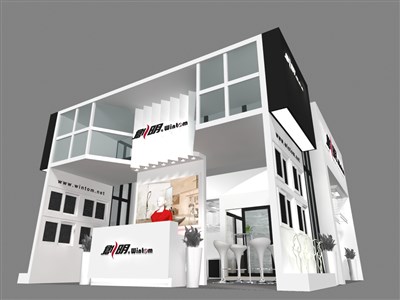 42平米展臺設(shè)計(jì)制作：二面開口/現(xiàn)代/型材結(jié)構(gòu)/白色，為建材展展商而作（免費(fèi)使用）