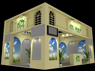 54平米展臺設(shè)計制作：二面開口/歐式/木質(zhì)結(jié)構(gòu)/米色，為建材展展商而作（免費使用）