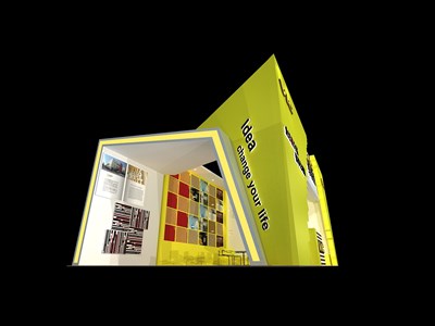 54平米展臺設計制作：三面開口/現(xiàn)代/木質結構/黃色，為建材展展商而作（免費使用）