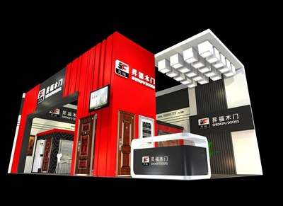 72平米展臺設(shè)計(jì)制作：二面開口/現(xiàn)代/木質(zhì)結(jié)構(gòu)/紅色，為建材展展商而作（免費(fèi)使用）