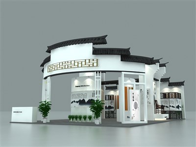 100平米展臺設(shè)計(jì)制作：三面開口/中式/木質(zhì)結(jié)構(gòu)/白色，為建材展展商而作（免費(fèi)使用）