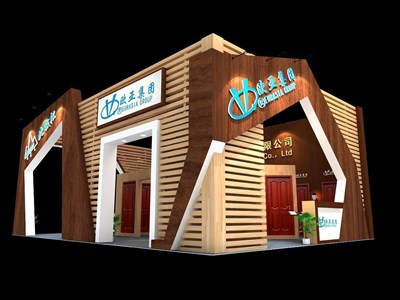 96平米展臺設(shè)計(jì)制作：三面開口/現(xiàn)代/木質(zhì)結(jié)構(gòu)/咖啡色，為建材展展商而作（免費(fèi)使用）
