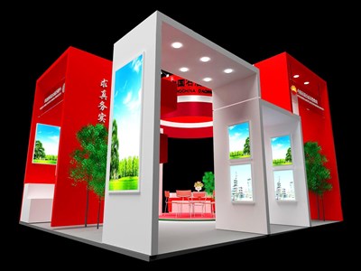 36平米展臺(tái)設(shè)計(jì)制作：三面開口/現(xiàn)代/木質(zhì)結(jié)構(gòu)/紅色，為綜合展展商而作（免費(fèi)使用）
