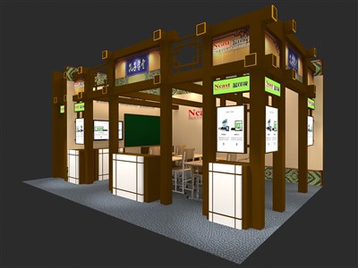 48平米展臺設(shè)計制作：二面開口/中式/木質(zhì)結(jié)構(gòu)/咖啡色，為建材展展商而作（免費使用）