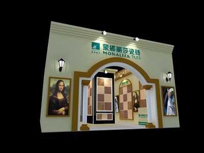 144平米展臺(tái)設(shè)計(jì)制作：一面開(kāi)口/歐式/木質(zhì)結(jié)構(gòu)/米色，為建材展展商而作（免費(fèi)使用）