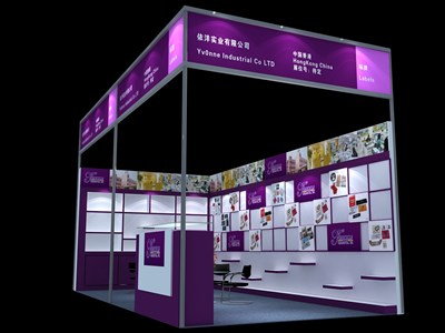 18平米展臺設計制作：二面開口/現代/型材結構/紫色，為綜合展展商而作（免費使用）
