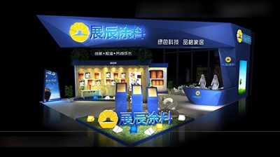 108平米展臺設計制作：三面開口/現(xiàn)代/木質結構/藍色，為建材展展商而作（免費使用）