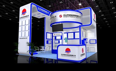 36平米展臺設計制作：三面開口/現(xiàn)代/木質(zhì)結(jié)構(gòu)/藍色，為建材展展商而作（免費使用）