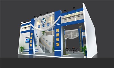 100平米展臺設計制作：二面開口/現(xiàn)代/木質結構/藍色，為建材展展商而作（免費使用）