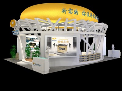 108平米展臺設計制作：三面開口/現(xiàn)代/木質結構/黃色，為綜合展展商而作（免費使用）