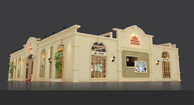 360平米展臺(tái)設(shè)計(jì)制作：三面開口/歐式/木質(zhì)結(jié)構(gòu)/米色，為建材展展商而作（免費(fèi)使用）