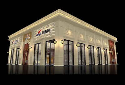 162平米展臺設(shè)計(jì)制作：二面開口/現(xiàn)代/型材結(jié)構(gòu)/灰色，為建材展展商而作（免費(fèi)使用）