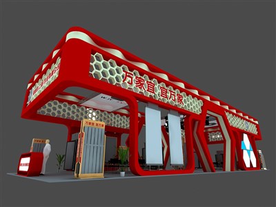 200平米展臺(tái)設(shè)計(jì)制作：四面開口/現(xiàn)代/木質(zhì)結(jié)構(gòu)/紅色，為建材展展商而作（免費(fèi)使用）