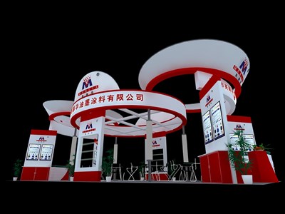 72平米展臺設(shè)計(jì)制作：四面開口/現(xiàn)代/木質(zhì)結(jié)構(gòu)/紅色，為建材展展商而作（免費(fèi)使用）