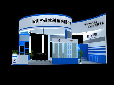 54平米展臺(tái)設(shè)計(jì)制作：三面開口/現(xiàn)代/木質(zhì)結(jié)構(gòu)/藍(lán)色，為建材展展商而作（免費(fèi)使用）