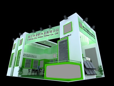 60平米展臺設計制作：二面開口/現代/木質結構/綠色，為建材展展商而作（免費使用）