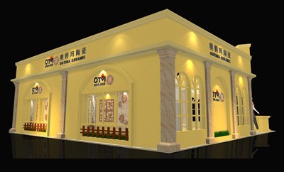 121平米展臺設(shè)計制作：二面開口/歐式/木質(zhì)結(jié)構(gòu)/黃色，為建材展展商而作（免費使用）
