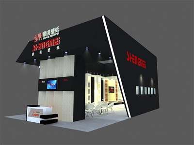 84平米展臺設(shè)計制作：三面開口/現(xiàn)代/木質(zhì)結(jié)構(gòu)/黑色，為建材展展商而作（免費使用）