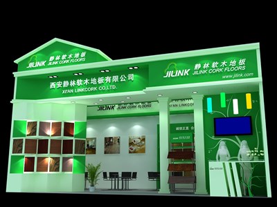 40.5平米展臺設(shè)計(jì)制作：一面開口/現(xiàn)代/木質(zhì)結(jié)構(gòu)/綠色，為建材展展商而作（免費(fèi)使用）
