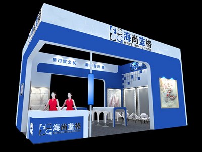 54平米展臺(tái)設(shè)計(jì)制作：三面開口/現(xiàn)代/木質(zhì)結(jié)構(gòu)/藍(lán)色，為建材展展商而作（免費(fèi)使用）