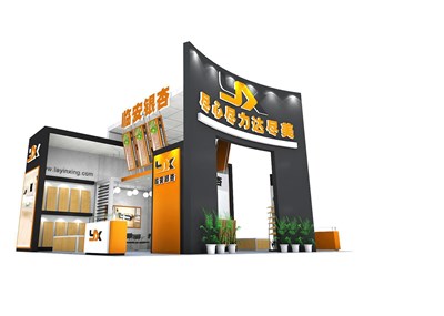 80平米展臺(tái)設(shè)計(jì)制作：三面開口/現(xiàn)代/木質(zhì)結(jié)構(gòu)/灰色，為建材展展商而作（免費(fèi)使用）