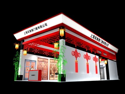 90平米展臺設(shè)計制作：二面開口/中式/木質(zhì)結(jié)構(gòu)/紅色，為建材展展商而作（免費使用）