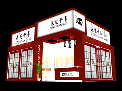 45平米展臺設計制作：二面開口/歐式/木質(zhì)結(jié)構(gòu)/紅色，為建材展展商而作（免費使用）