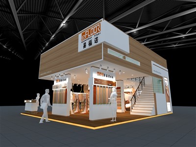90平米展臺設(shè)計制作：三面開口/現(xiàn)代/木質(zhì)結(jié)構(gòu)/米色，為建材展展商而作（免費使用）