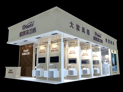 72平米展臺設(shè)計(jì)制作：三面開口/現(xiàn)代/木質(zhì)結(jié)構(gòu)/白色，為建材展展商而作（免費(fèi)使用）