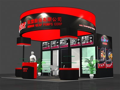 36平米展臺(tái)設(shè)計(jì)制作：三面開口/現(xiàn)代/木質(zhì)結(jié)構(gòu)/紅色，為電子展展商而作（免費(fèi)使用）