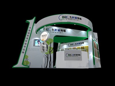 36平米展臺設計制作：三面開口/現(xiàn)代/木質(zhì)結構/綠色，為建材展展商而作（免費使用）