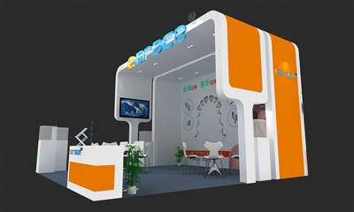 36平米展臺設(shè)計制作：三面開口/現(xiàn)代/木質(zhì)結(jié)構(gòu)/黃色，為醫(yī)藥展展商而作（免費使用）