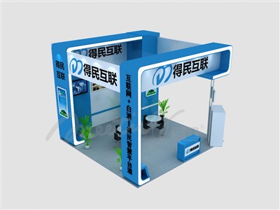 36平米展臺設計制作：三面開口/現(xiàn)代/木質(zhì)結構/藍色，為建材展展商而作（免費使用）