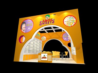 36平米展臺設計制作：二面開口/現代/木質結構/橙色，為食品展展商而作（免費使用）