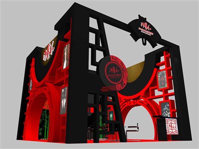 36平米展臺(tái)設(shè)計(jì)制作：三面開口/中式/木質(zhì)結(jié)構(gòu)/紅色，為食品展展商而作（免費(fèi)使用）