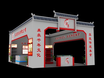 54平米展臺(tái)設(shè)計(jì)制作：三面開口/中式/木質(zhì)結(jié)構(gòu)/灰色，為食品展展商而作（免費(fèi)使用）